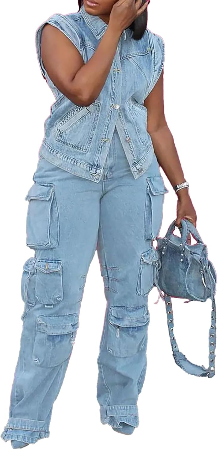 Molilove Women's Two Piece Denim Outfits Sleeveless Button Jean Jacket Cargo Pants with Pockets Y2K Tracksuit Set Streetwear