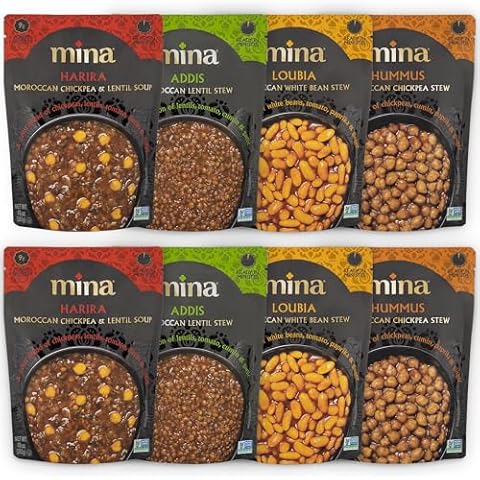 Mina Moroccan Lentils, Chickpeas, White Beans & Harira - Healthy Snacks Variety Pack of 8 (10 oz), Lentils Ready to Eat, Vegan Protein, Gluten-Free Instant Food, Microwave Meals, Non-GMO, Kosher Cover
