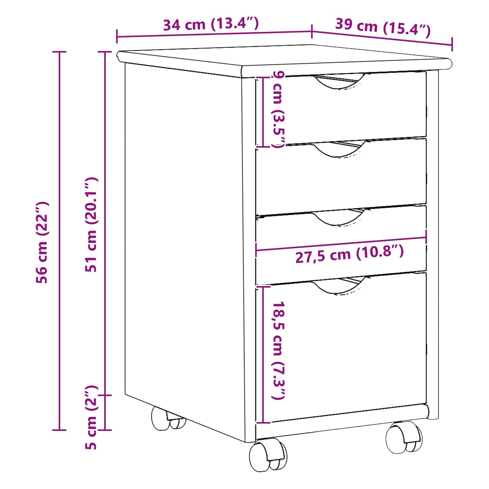 Rollschrank Moss Honigbraun aus massivem Kiefernholz 34 x 39 x 56 cm mit 4 Schubladen und Rollen vielseitiger Mehrzweckschrank für Büro, Wohnzimmer, Flur mit Stauraum und Ordnung