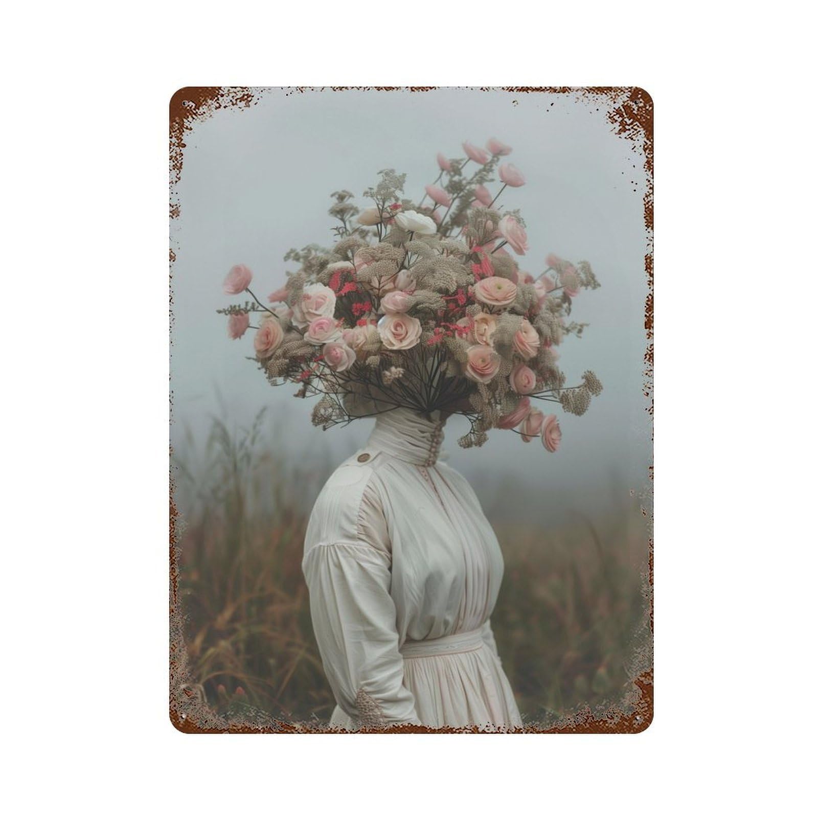 Garage Style Floral Head Art Lady Field Rusty Metal Tin Sign 15.7"x11.8", Shabby Chic Decor for Bar And Workshop