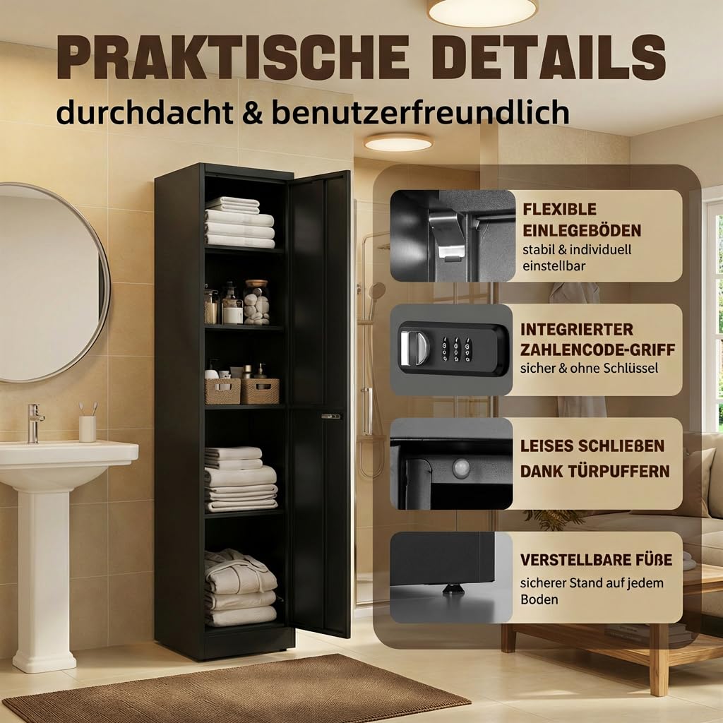 Spind Schrank, Mehrzweckschrank, Stahlschrank 40 cm breit, Aktenschrank Abschließbar mit 1 Tür & 4 Einlegeböden, Büroschrank für Ecke, Badezimmer, Küche, 180x40x35cm Schwarz