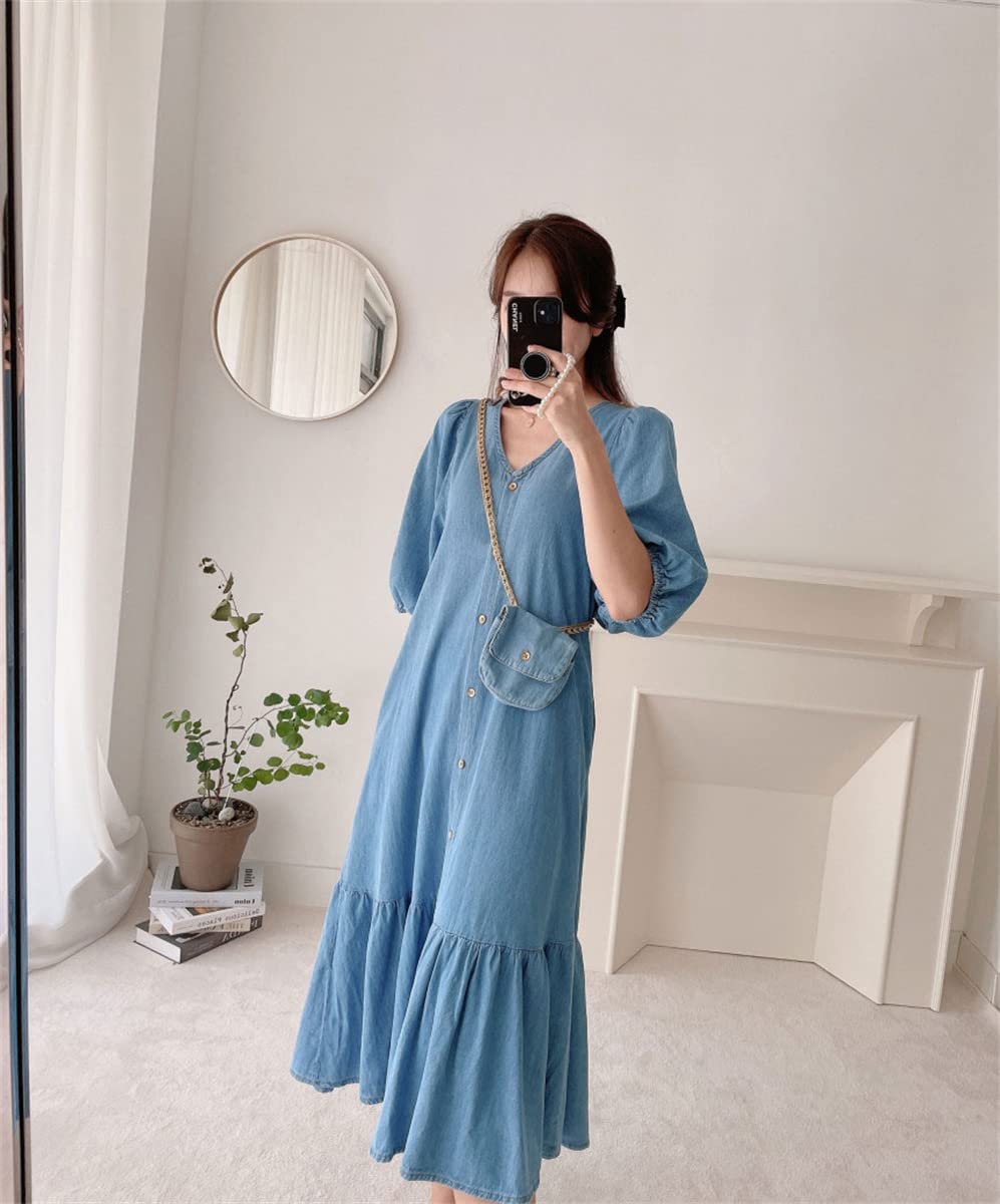 美品 インゲボルグ デニム ロングワンピース シャツワンピ カシュクール フリル Amazon.co.jp: レディース デニムワンピ シャツワンピ フレアワンピ