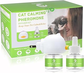 Cat Pheromones Calming Diffuser, 2 in 1 Cat Calming Starter Kit (Diffuser Head + 2pcs 48ml Vial) for 60 Days Use, Enhanced Cat Calming Diffuser Kit for Cat Anxiety Relief