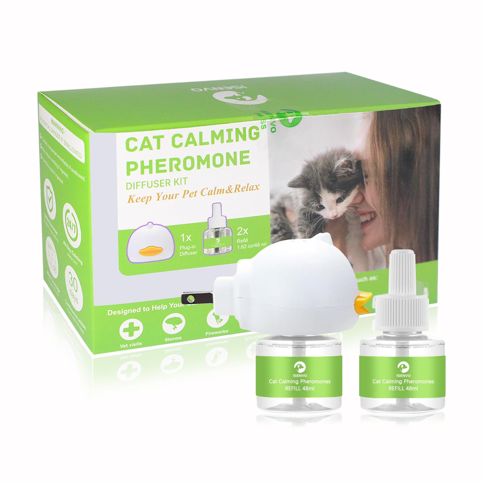 Cat Pheromones Calming Diffuser, 2 in 1 Cat Calming Starter Kit (Diffuser Head + 2pcs 48ml Vial) for 60 Days Use, Enhanced Cat Calming Diffuser Kit for Cat Anxiety Relief