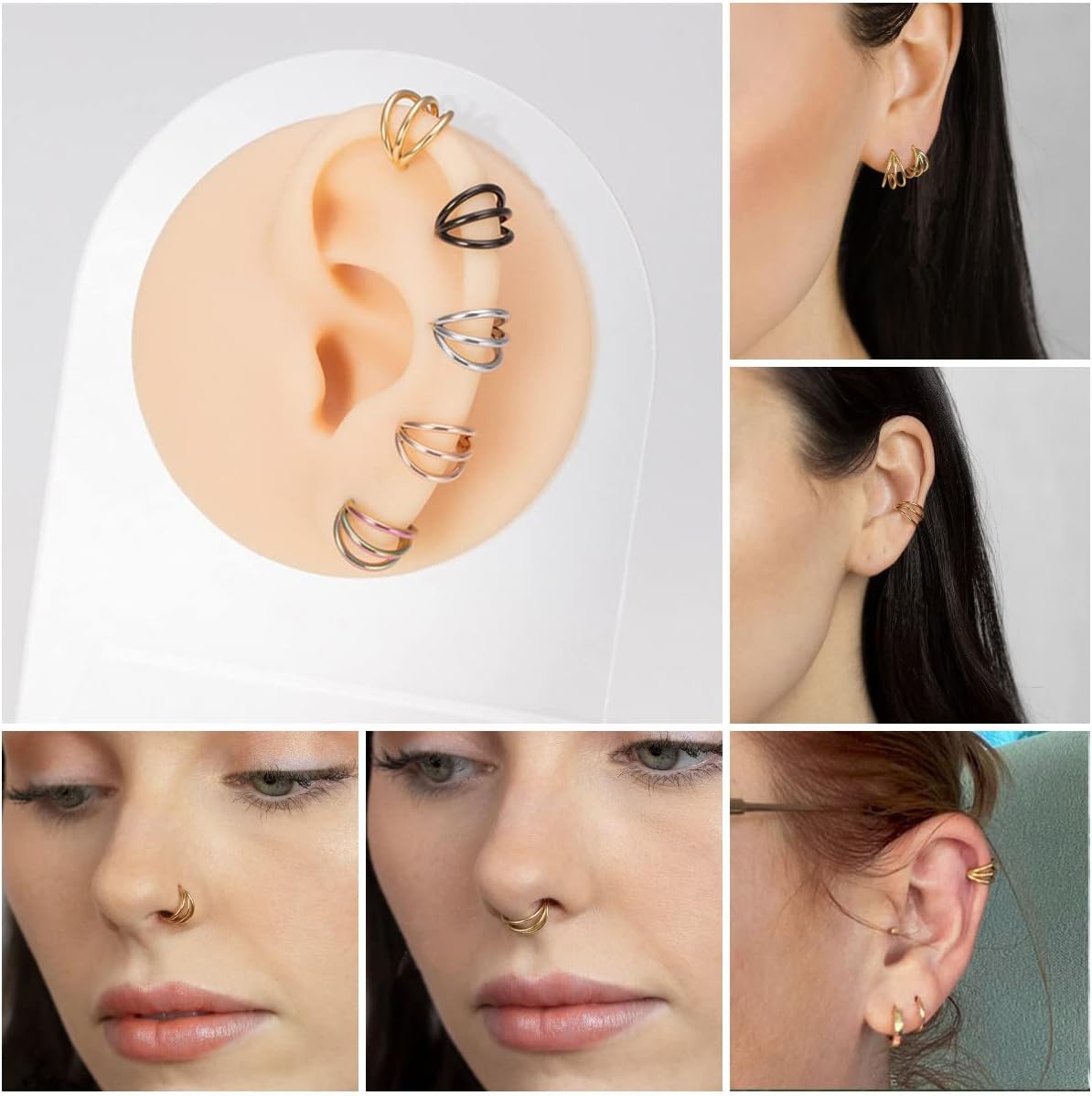 MissNity 18G 8mm Hinged Segment Nose Ring Hoop 316L Surgical Steel, 18 Gauge Triple Open Stacked Septum Clicker Cartilage Earrings Conch Daith Helix Rook Ear Lobe Piercing Jewelry, Gold - Image 6