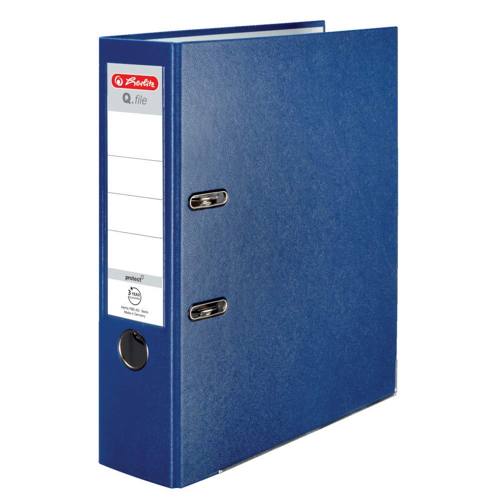 Herlitz Segregator Q.file | Grzbiet 8 cm | Powelkany Folią PP | Organizer Biurowy na Dokumenty A4 | Wymienna etykieta | Mechanizm dźwigniowy z listwą dociskową | Mieści 600 Kartek | niebieski