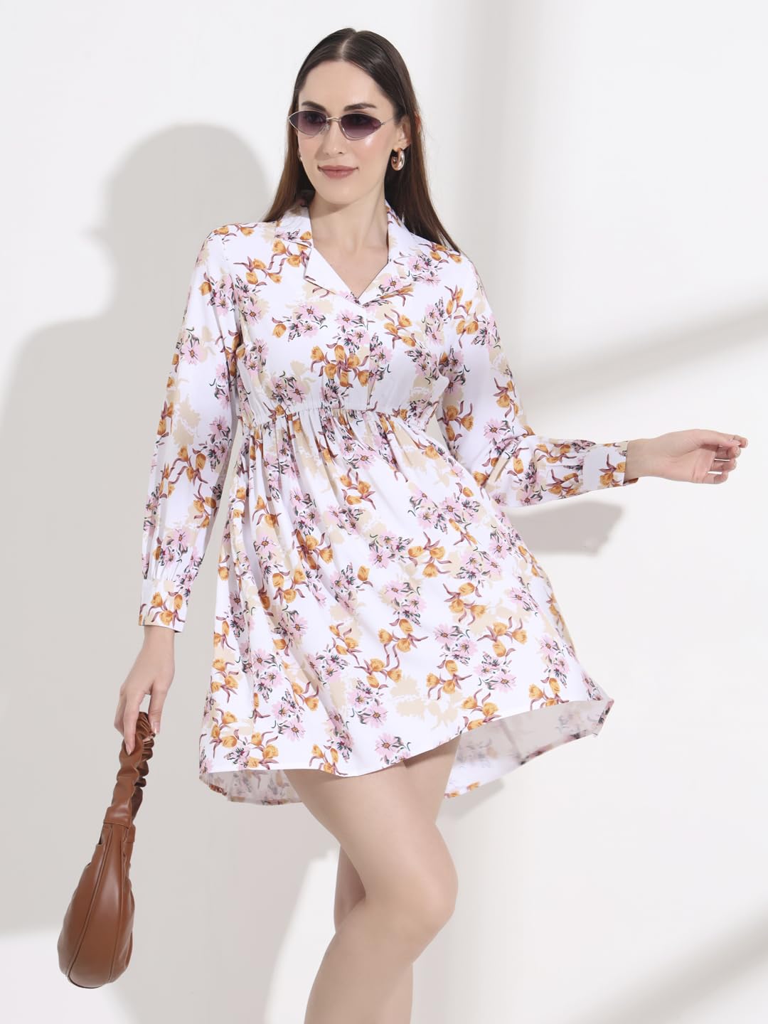 FITHUB Floral Printed Regular Sleeve Tailored Fit & Flare Dress White 1