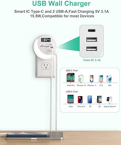 Miniatura 2 de Alitayee Luz nocturna LED, luces nocturnas enchufables a la pared, luz nocturna inteligente con sensor de luz nocturna con cargador USB C (máximo