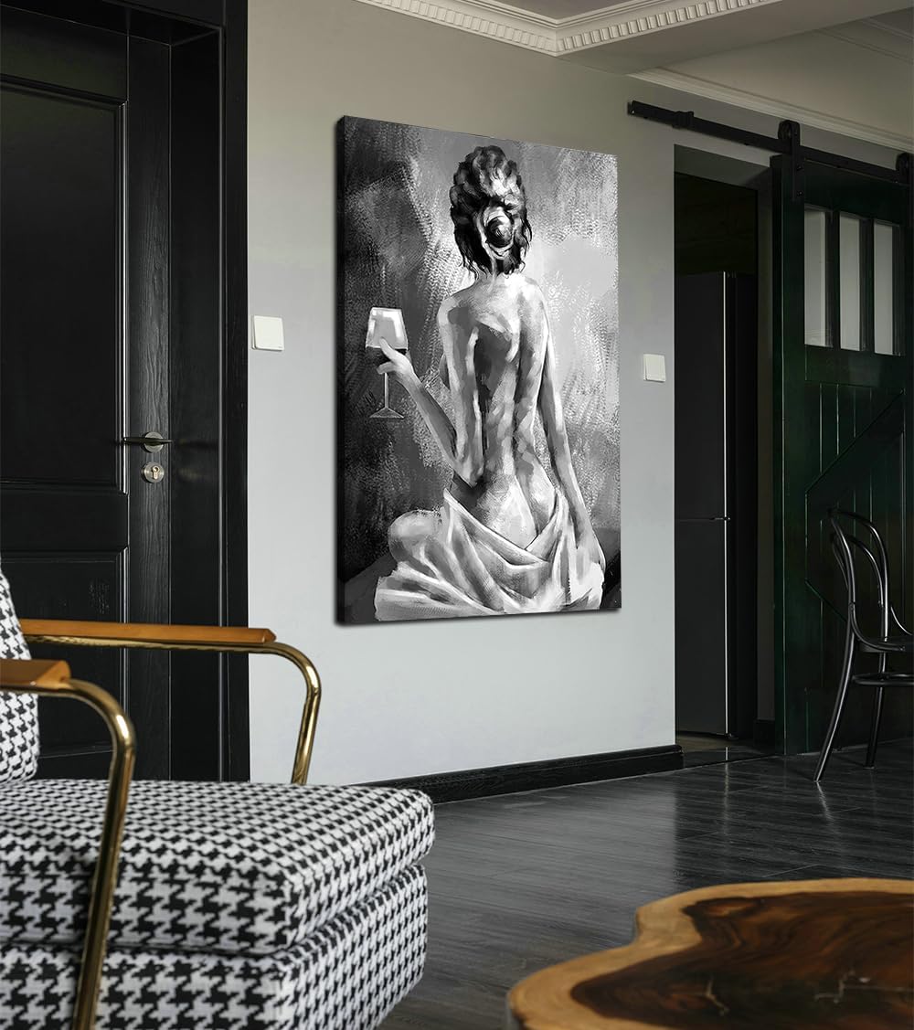 Yeesjoee Abstract Sexy Women Wall Art Canvas Prints, Nude Woman Holding Wine Glass, Black and White Decorative Art for Living Room Bedroom Bar Office Decor Ready to Hang, 28x44 in Framed