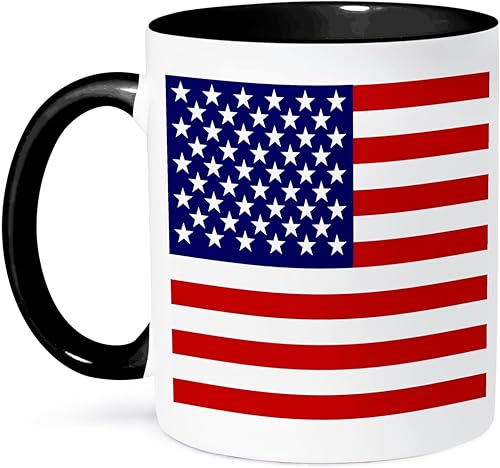 3dRose Taza negra de dos tonos con diseño de bandera americana patriótica de Estados Unidos, estrellas y rayas, rojo, blanco y azul, 4 de julio de