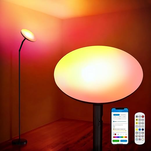 RGB Tall Standing Floor Lamp with Remote Control, Smart LED Color Changing, Music Sync, App Compatible, Wireless Dimmable Reading Lamp, Modern Black