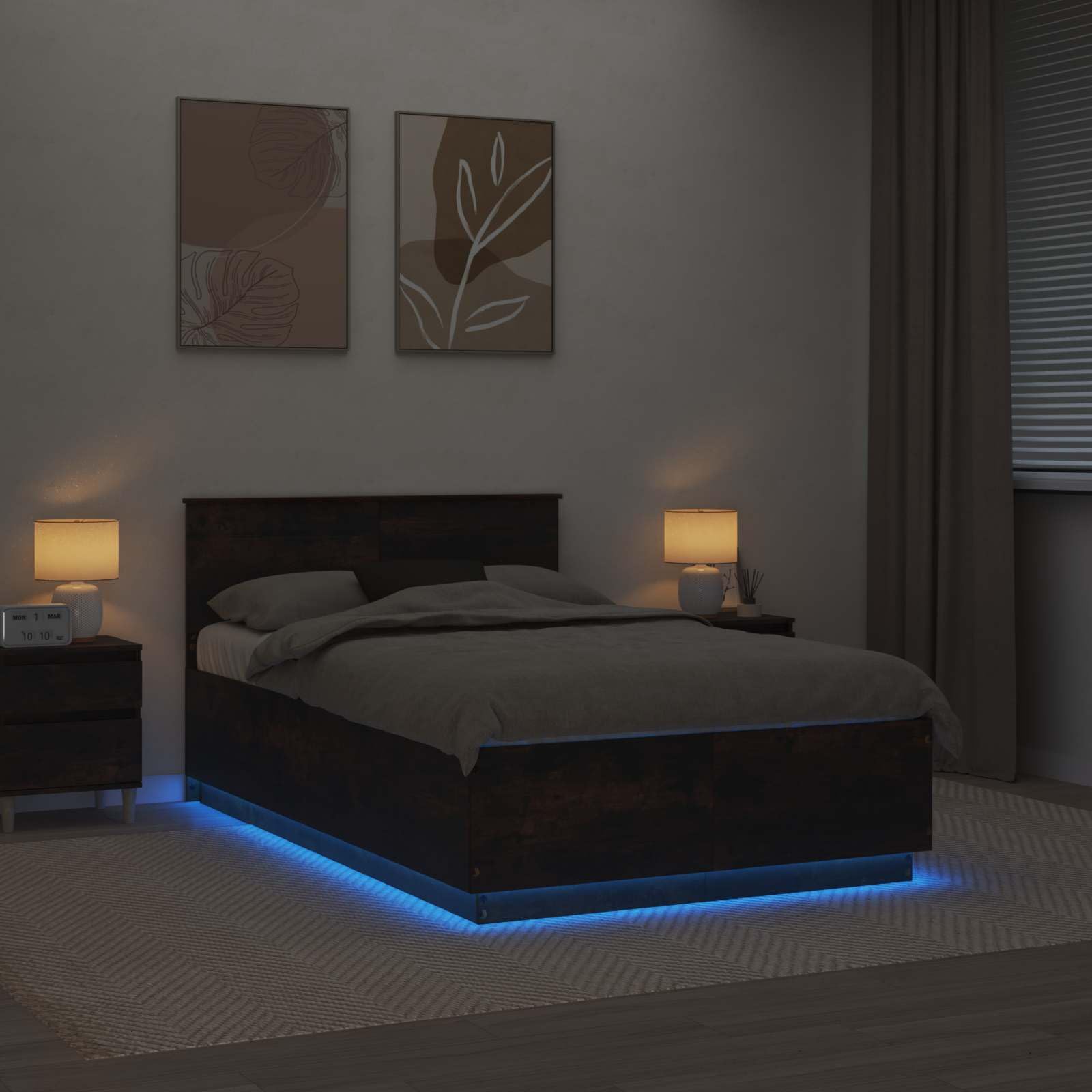 Telaio per letto in legno di rovere affumicato, 120 x 190 cm, con testiera regolabile, illuminazione a LED, porta USB, moderno set di mobili per camera da letto, durevole