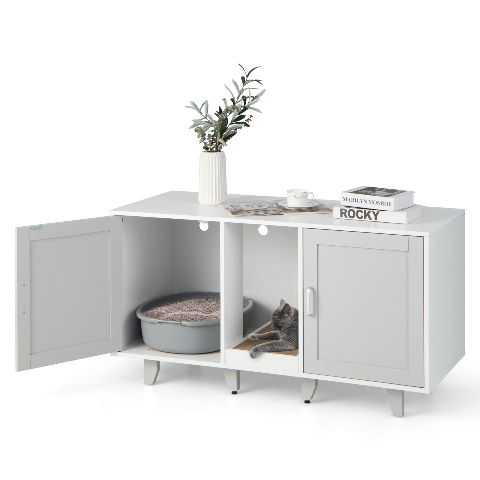 Giantex Cat Litter Box Enclosure - Cat Washroom Hidden Furniture, 2 Storage Cabinets, Removable Cat Scratcher, Air Vents, Detachable Legs, Wood Pet