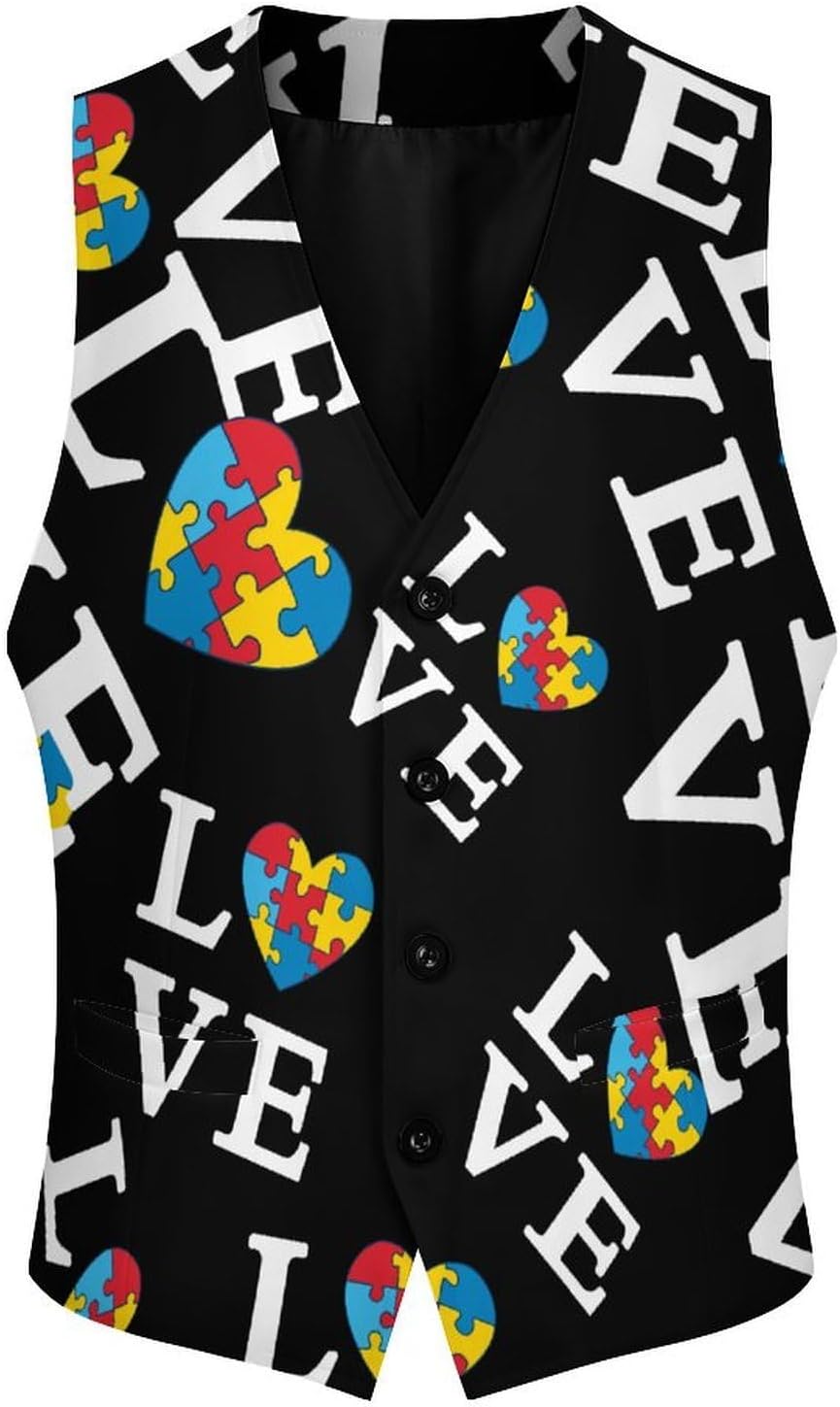 Autism Awareness Puzzle Heart Men's Suit Vest Formal Vests Casual Dress Fit Waistcoat Casual Tuxedo for Business
