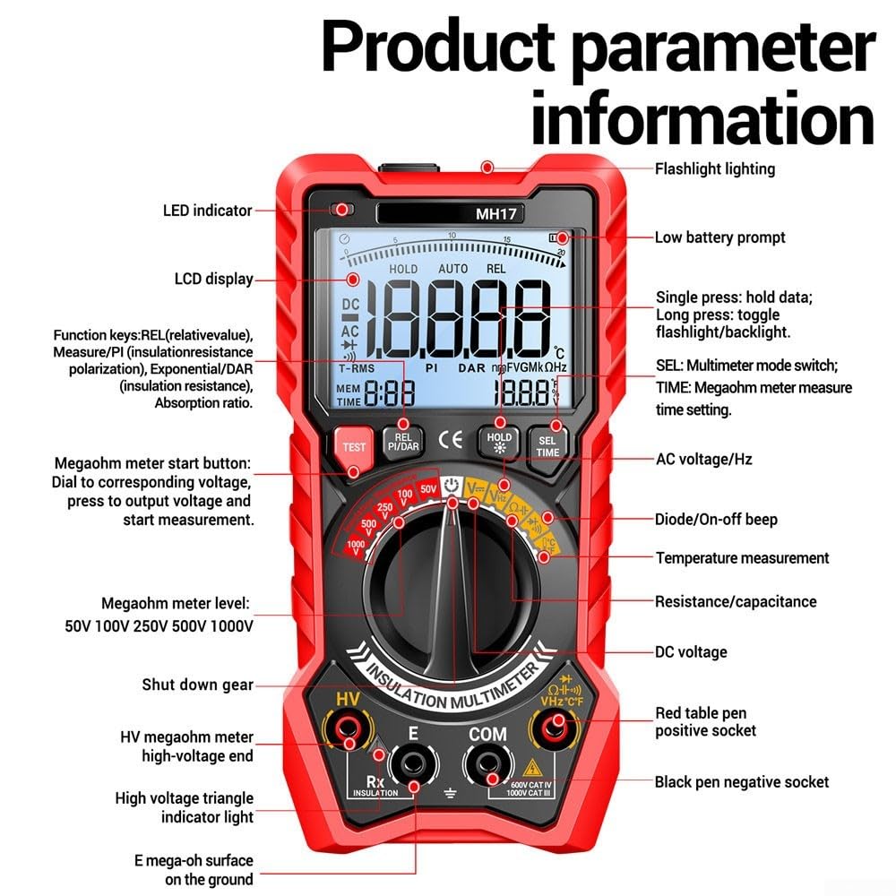 Tester digitale di resistenza di isolamento con multimetro multifunzionale per elettricista per misurazioni accurate di tensione e resistenza con vero RMS e batteria ricaricabile