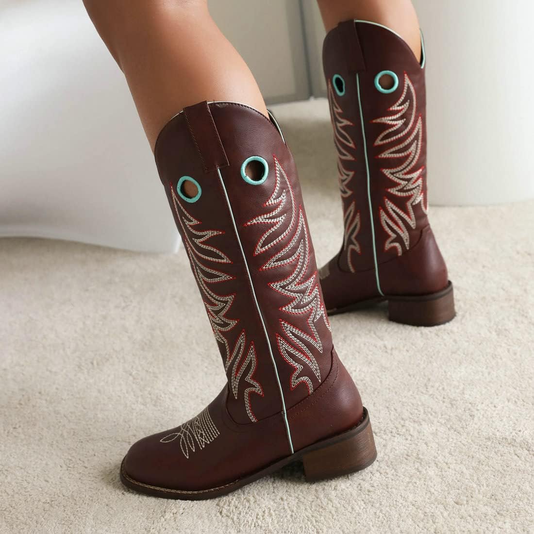 KiutSymo Women Embroidered Mid Calf Boots Stitching Hollowed Cowgirl Boots Chunky Heels Square Toe Wide Calf Western Cowboy Boots
