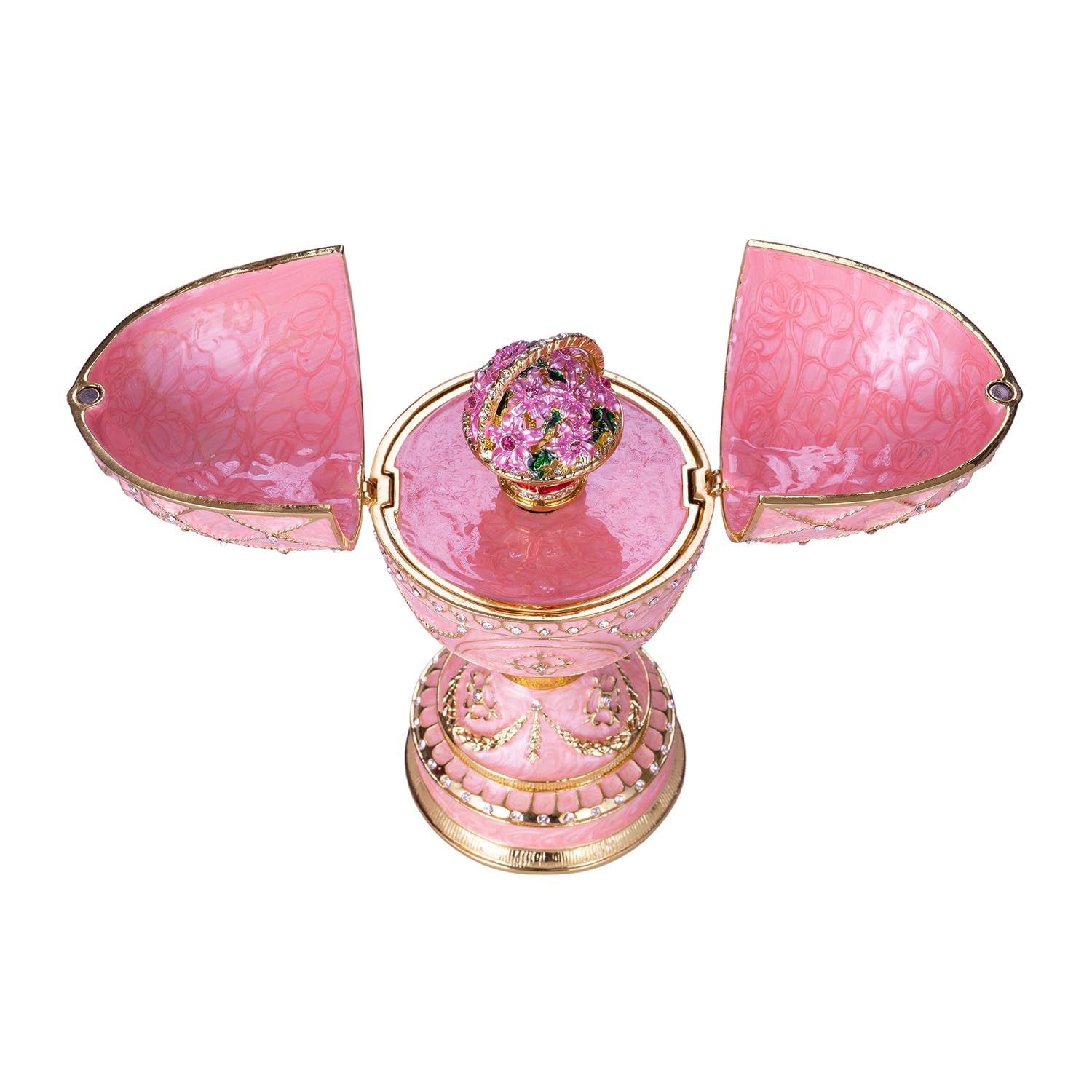 danila-souvenirs Jajko muzyczne w stylu Faberge, Szkatułka na biżuterię z koszem kwiatów 17 cm różowe