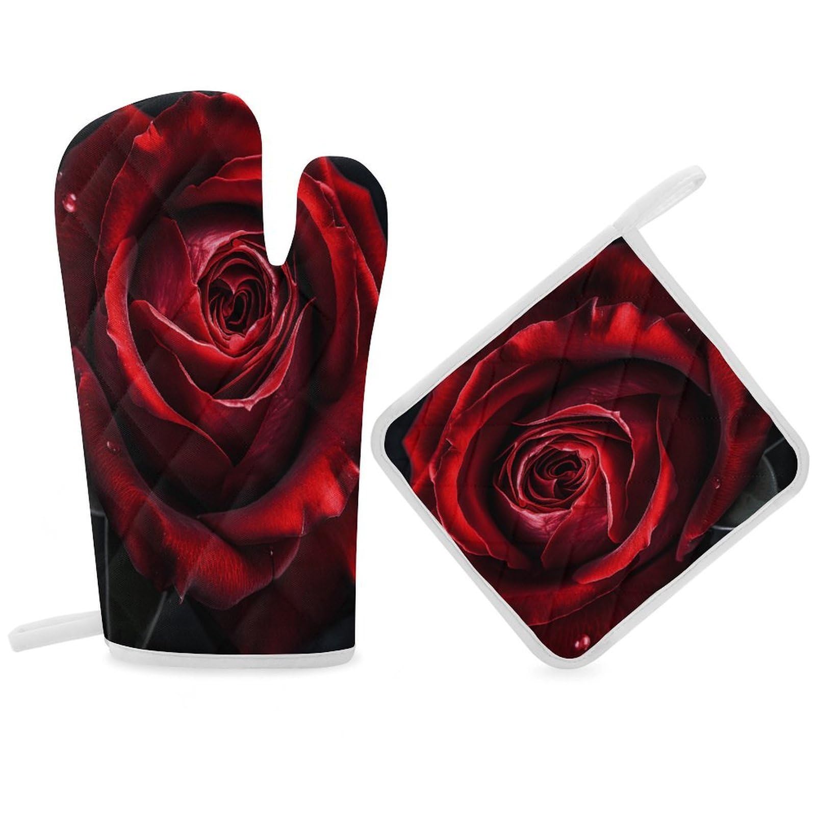 Fodpand Women's Style Flowers On Black Background Oven Mitts And Pot Holders Sets,Oven Gloves For Kitchen Oven Mitts And Potholders For Baking Cooking Grilling Apartment Essentials