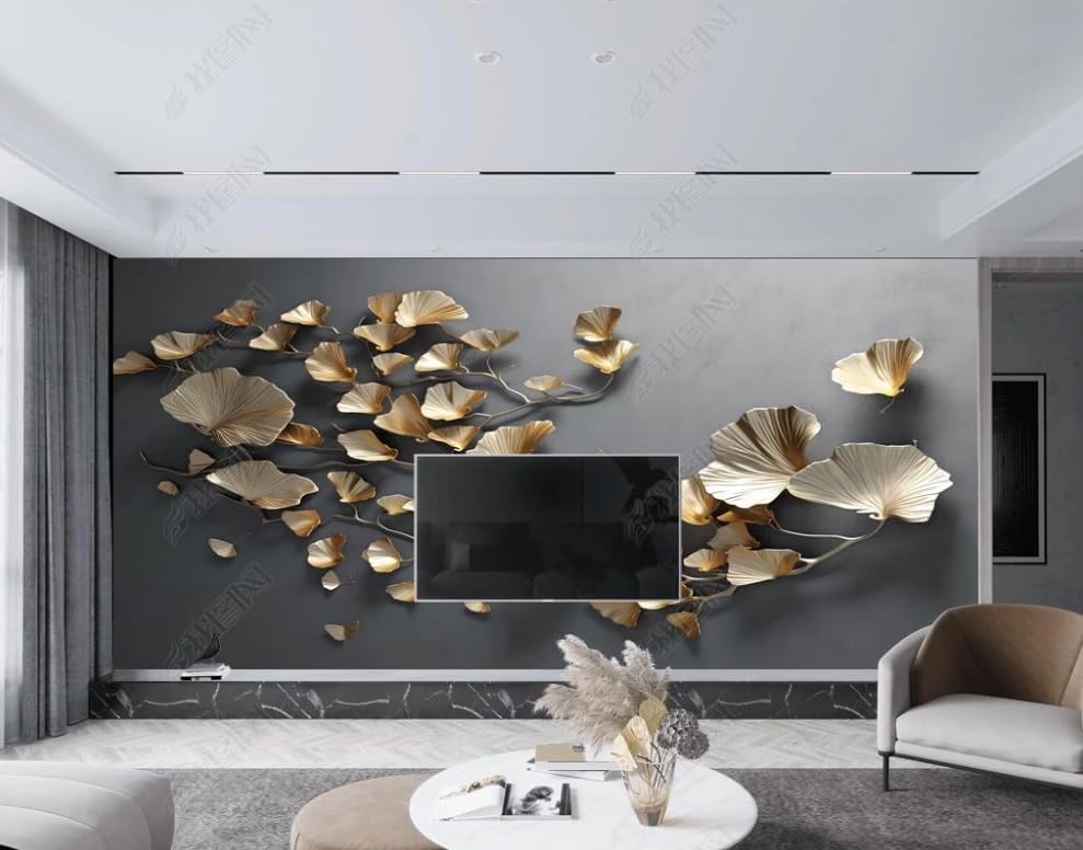 Papier peint panoramique ginkgo haut de gamme effet 3D relief doré