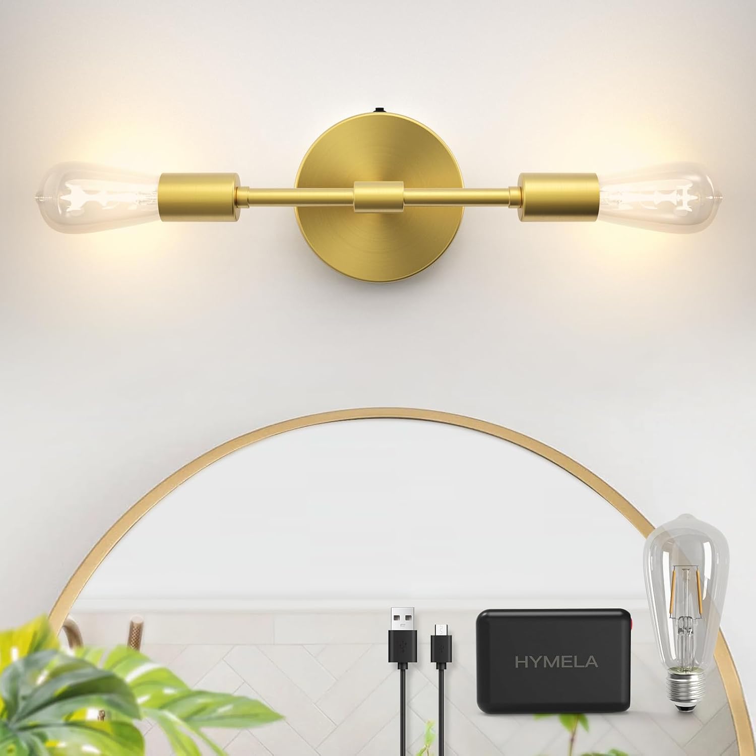 c05 battery operated wall sconce 2-light vanity light brass bathroom light fixtures mid century modern sconces cordless wall light porch wall lamp for mirror kitchen bedroom(bulb included)