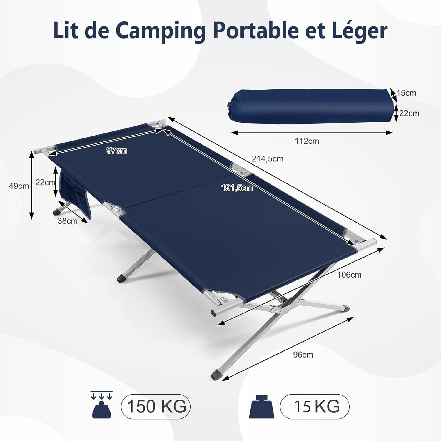 GOPLUS Lit de Camping Pliant, Lit de Camp 1Personne Extra Large avec Poche de Rangement et Sac de Transport, 106x215x49CM, Charge 150KG (Fer)