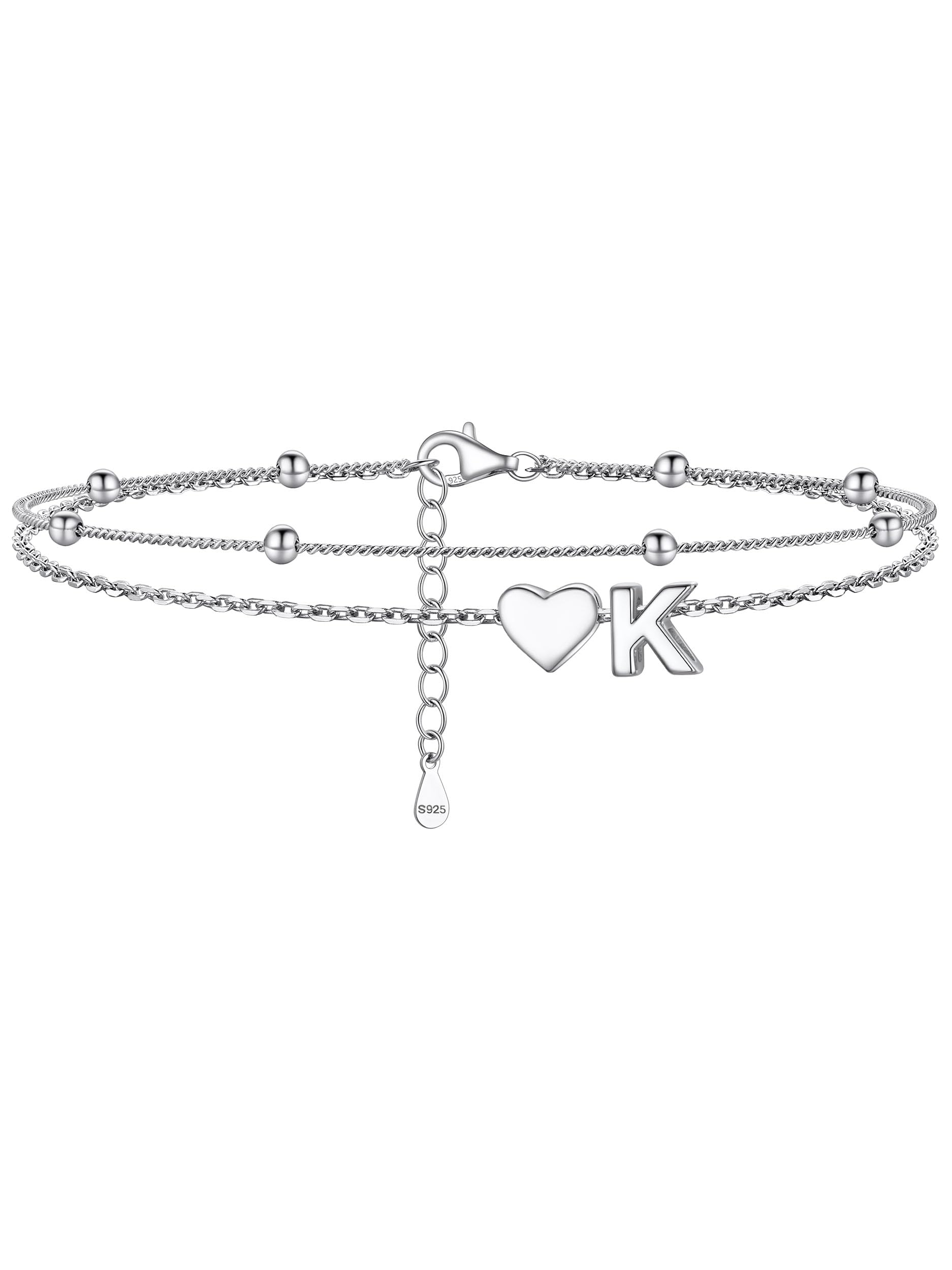 PROSILVER Layered Heart Initial Anklet