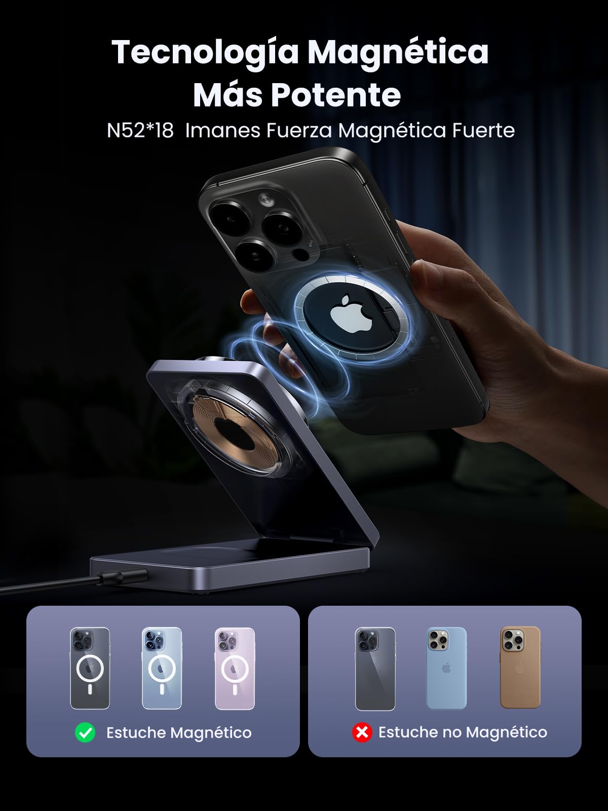 UGREEN MagFlow Cargador Inalámbrico, Estación de Carga 2 en 1 Magnética, Compatible con iPhone 16/15/14/13/12 Series, AirPods Pro 2/3