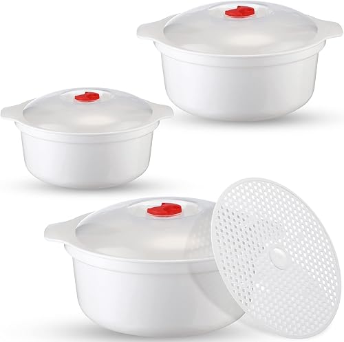 Bokon 3 cuencos de microondas con tapas, cuencos de sopa de varios tamaños con tapa y estante de vapor, platos aptos para lavavajillas, para fideos
