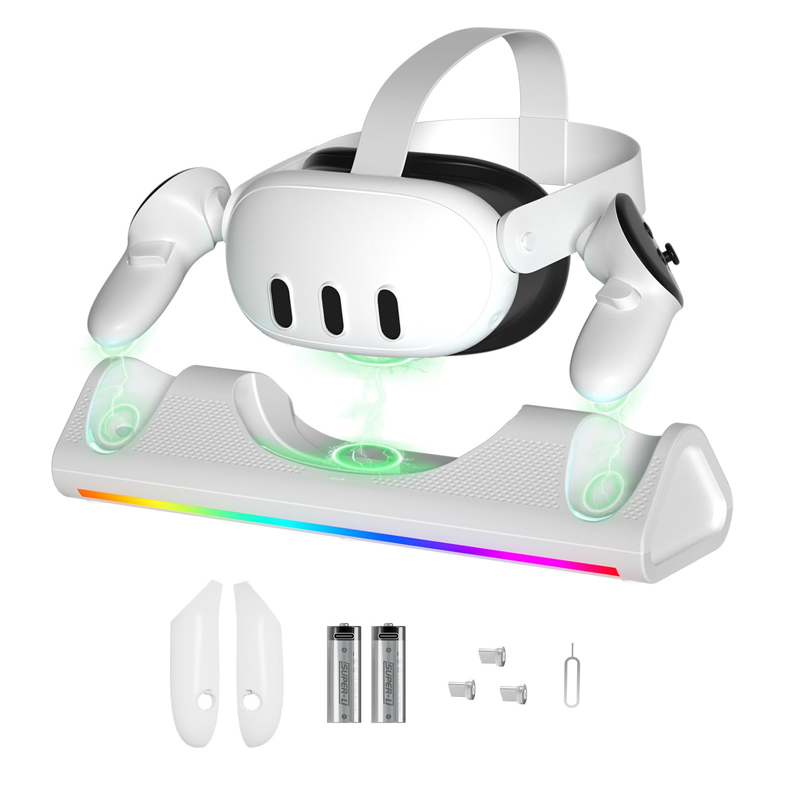 NALACAL Charging Dock for Meta/Oculus Quest 3, Fast Charging Station for Quest 3 Headset Controllers and Other USB Device VR Accessories, RGB Charging Stand with Rechargeable Batteries