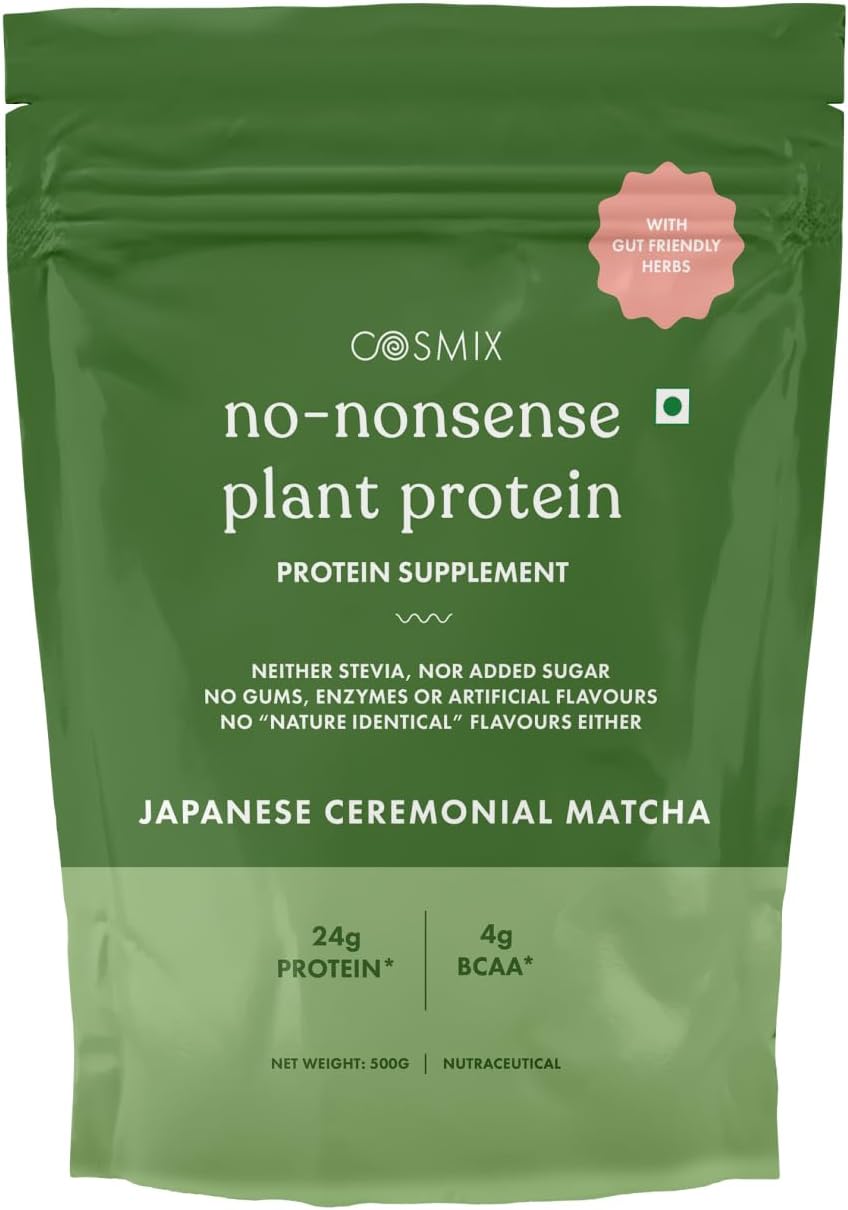 Cosmix No-Nonsense Plant Protein | 24 Protein/Serve, 500g Pouch | Japanese Ceremonial Matcha | Plant Based Protein, Pea & Rice Isolate | Clean, Easy to Digest | All Essential Amino Acids