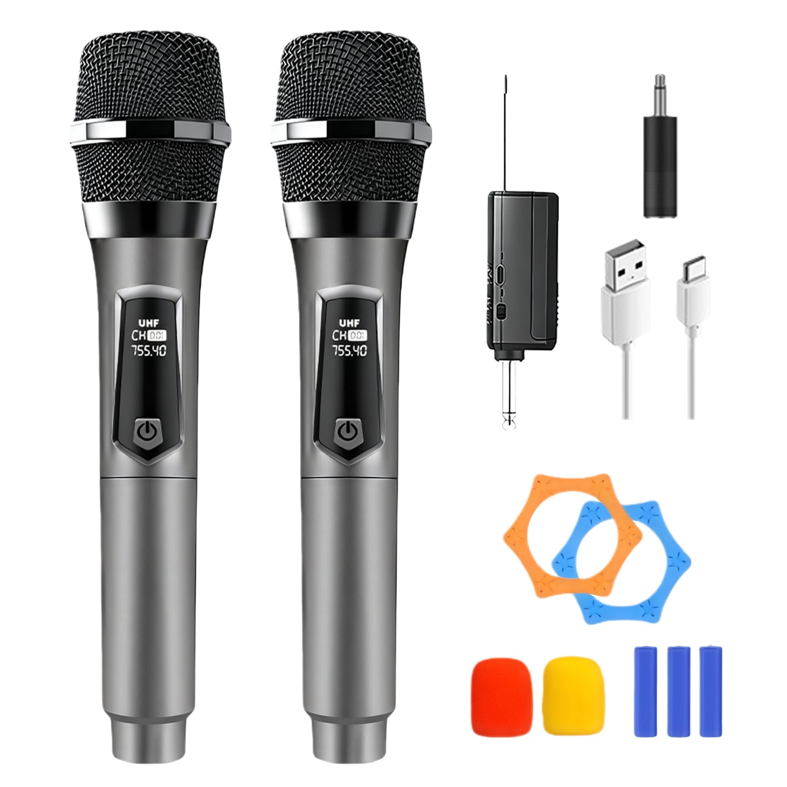 PORFOYO Microfono Senza Fili, Set da 2 Microfoni UHF, Set di Microfoni con Ricevitore Ricaricabile, Doppio Microfono a Mano, Portata 50m per Karaoke, Canto, Festa, Palcoscenico, Matrimonio, DJ