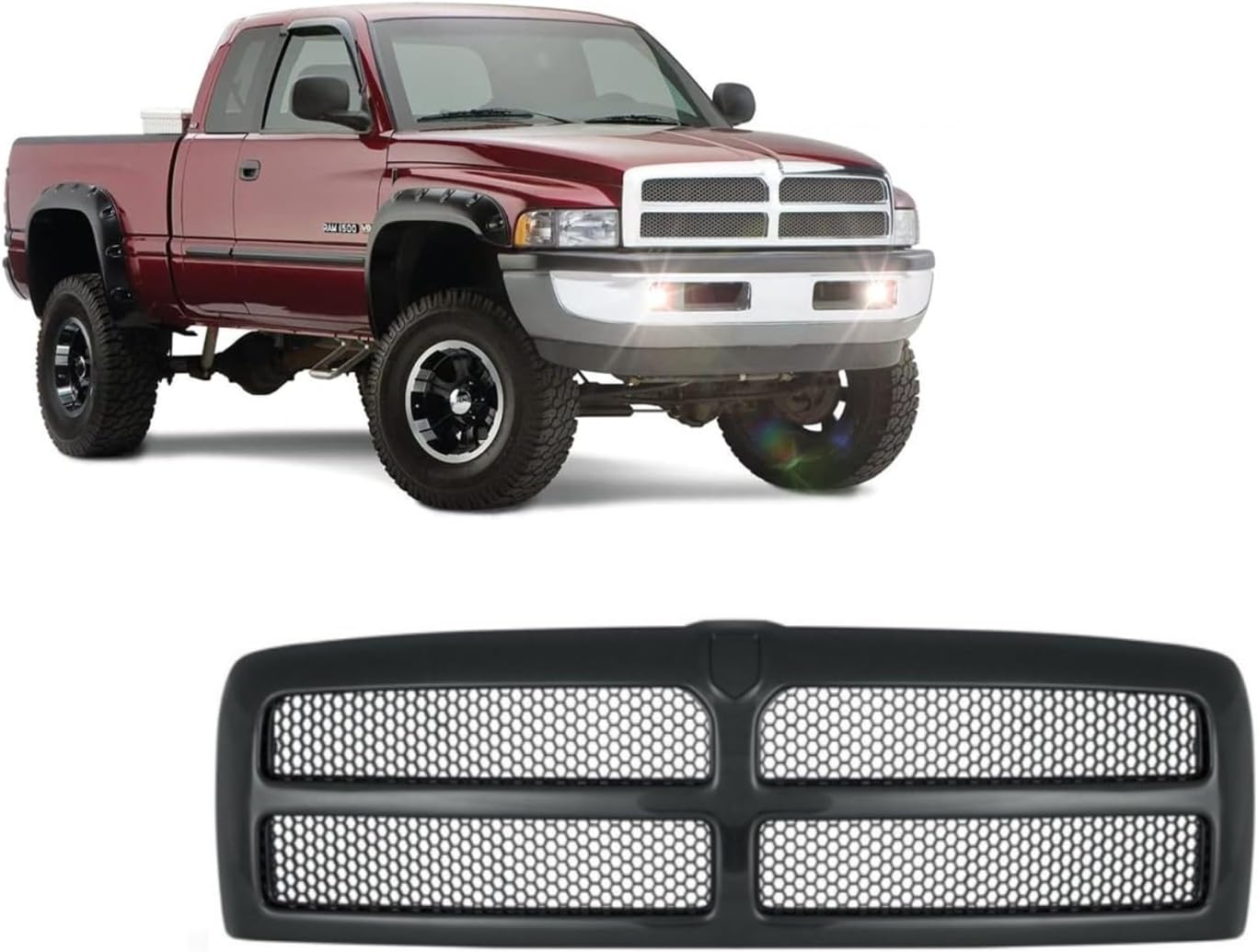 Front Grille With Honeycomb Mesh Insert (All Black) Front Grill Compatible With Dodge 1994-2001 Ram 1500 / Compatible With Dodge 1994-2002 Ram 2500 / Compatible With Dodge 1994-2002 Ram 3500