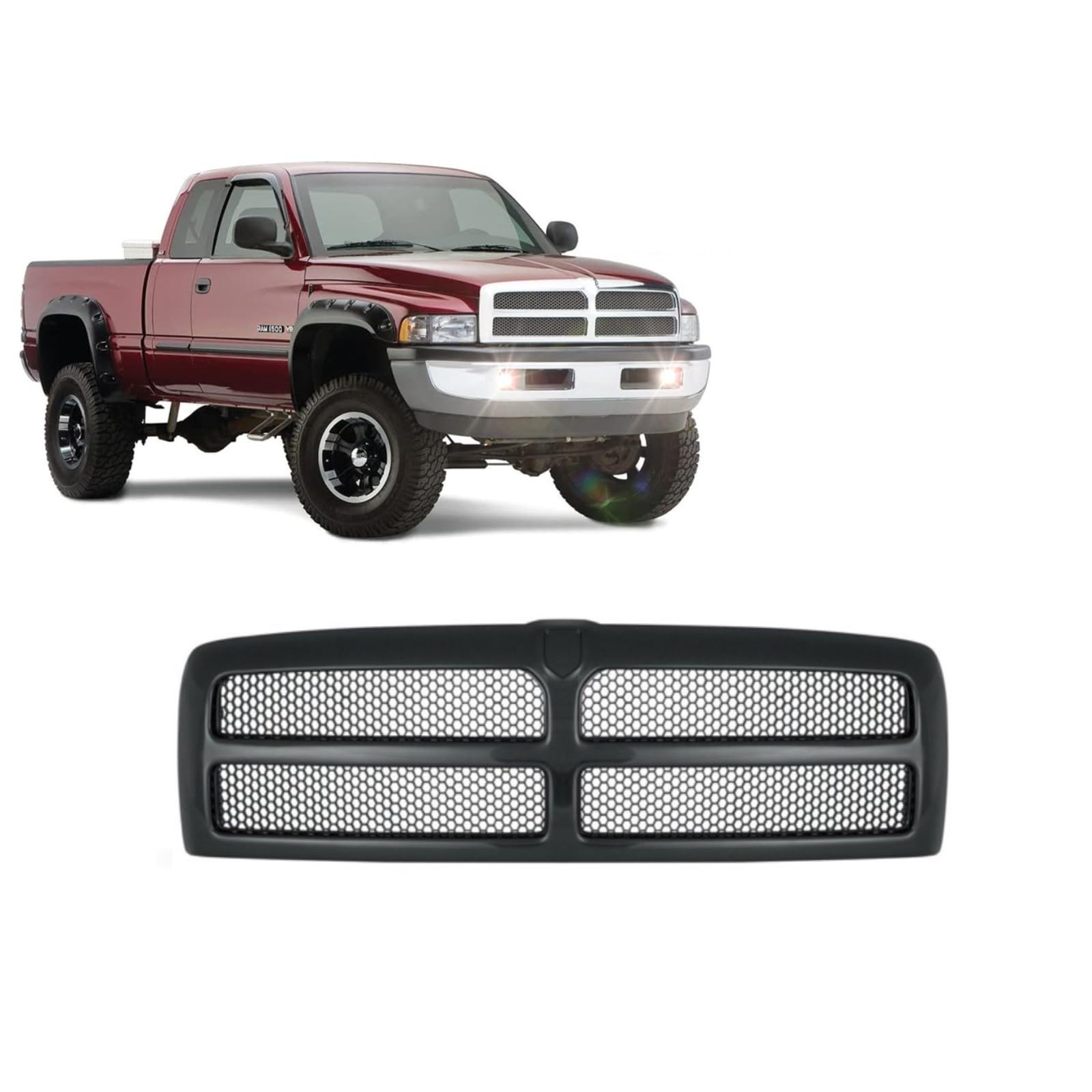 front grille with honeycomb mesh insert (all black) front grill compatible with dodge 1994-2001 ram 1500 / compatible with dodge 1994-2002 ram 2500 / compatible with dodge 1994-2002 ram 3500