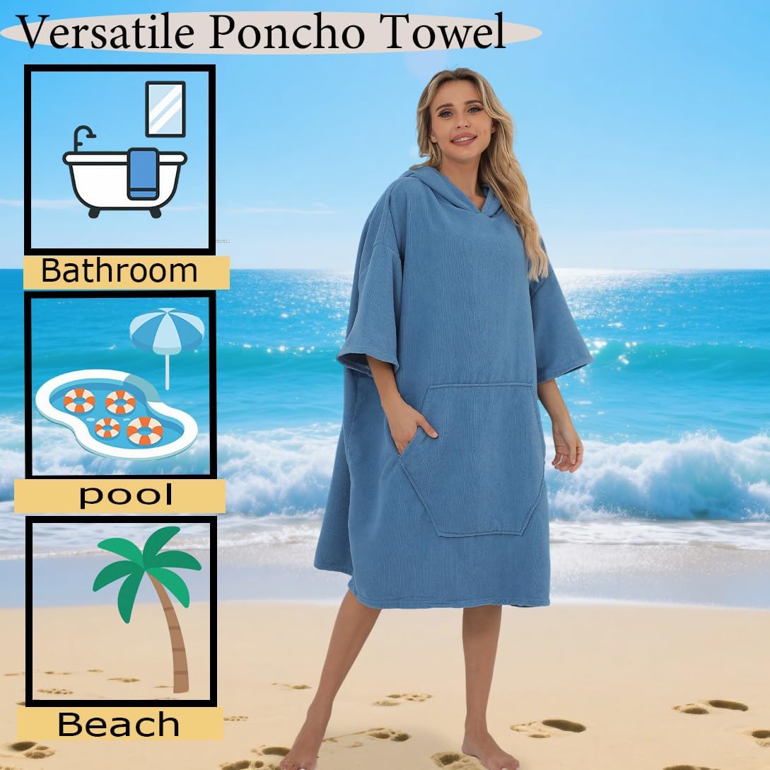 Surf Poncho Hooded Beach Towel, Quick Dry Terry Cloth, Extra Large Changing Robe with Pockets for Adults, Unisex Peacock Blue Cover-Up for Swim, Bath, Beach, Gift for Swimmer Lovers - Image 2