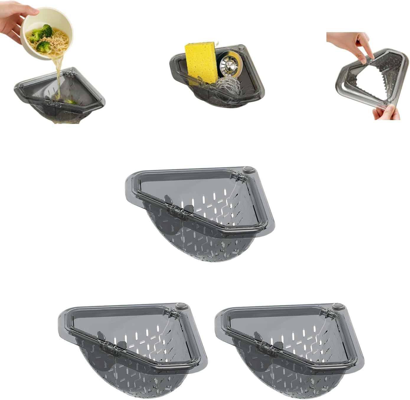 [starrycoo Magnetic Fixed Triangle Dish Drainer Rack, Magnetic Drain Rack, Kitchen Drainer Basket, Drain Basket, Save Garbage Disposal, Dry and Wet Separation, Durable, Drainage Function, Easy to Dark Gray *3
