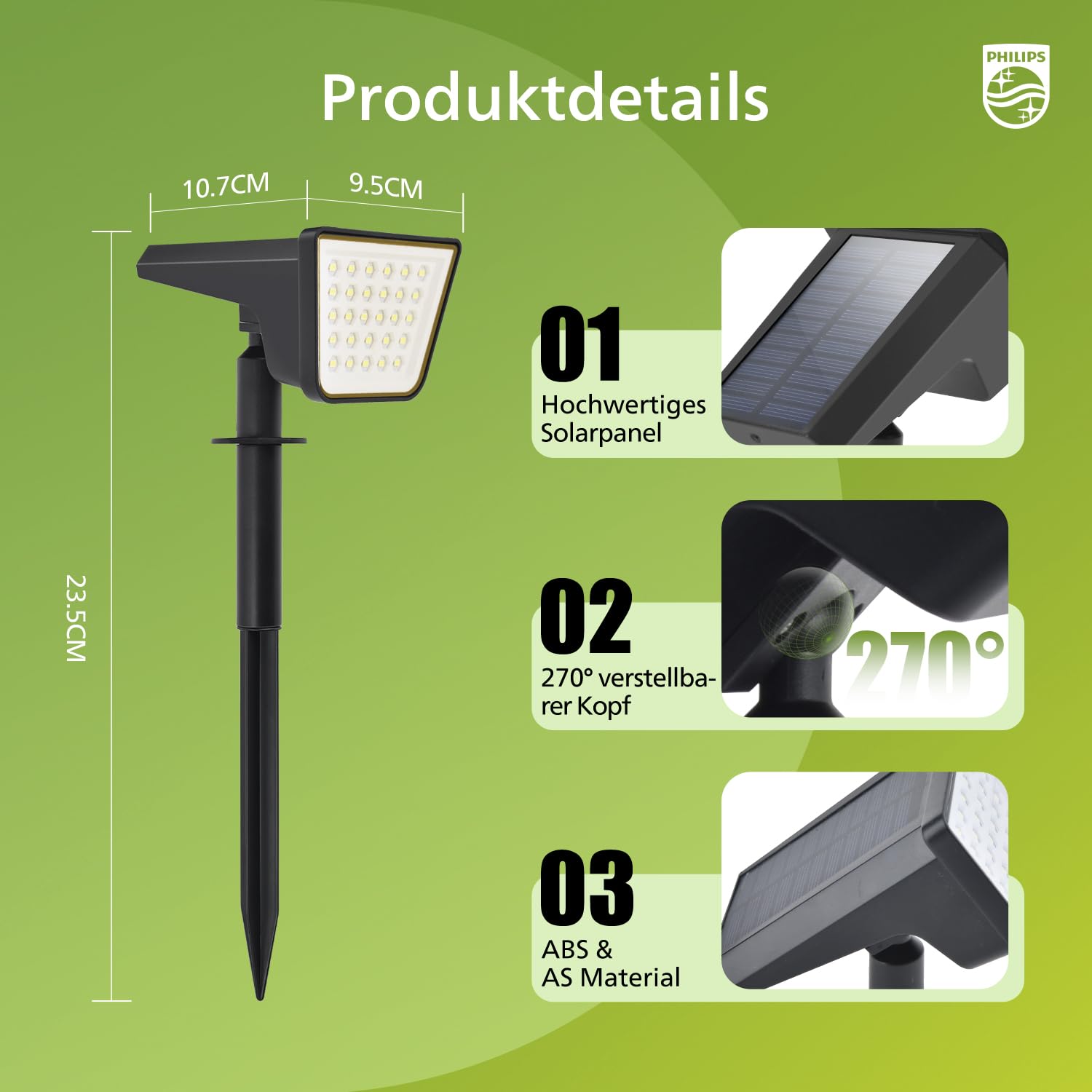 Philips 4 Stück Solarstrahler für Außen Garten, 28 LEDs 3000K Warmweiß Solarbetriebene Landschaftsbeleuchtung, Wasserdicht Wegeleuchten, Dusk to Dawn – für Garten, Hof, Rasen, Gehweg