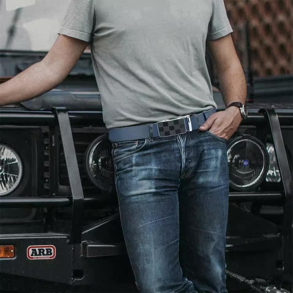 Men's Leather Ratchet Belt with Checkered Automatic Buckle, Navy Blue and Red Reversible, Business Casual2