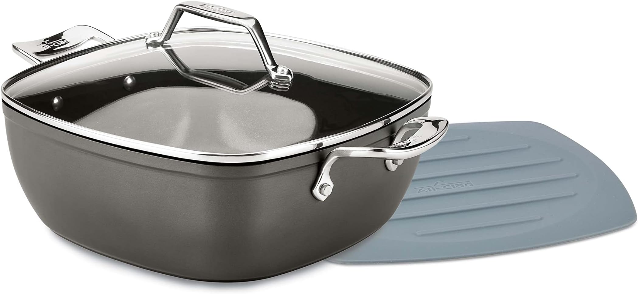 All-Clad Essentials Hard Anodized Nonstick Square Dutch Oven with Trivet 5 Quart Oven Safe 350F Pots and Pans, Cookware Black
