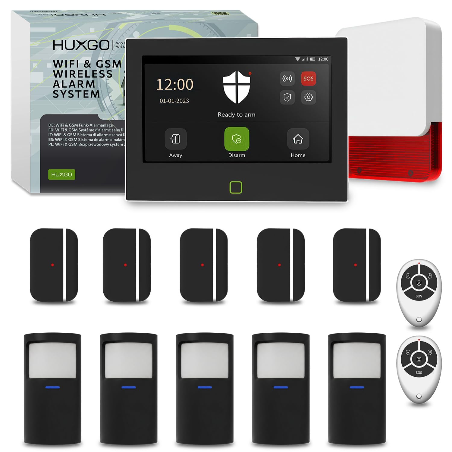 Alarmanlage Funk Set mit Sirene WLAN + GSM 4G | Alarm Kit Black Series HXA700 mit Alarmsirene | 5X PIR-Sensoren + 5X Tür- & Fenstersensoren in Schwarz | ideal für Haus & Wohnmobi