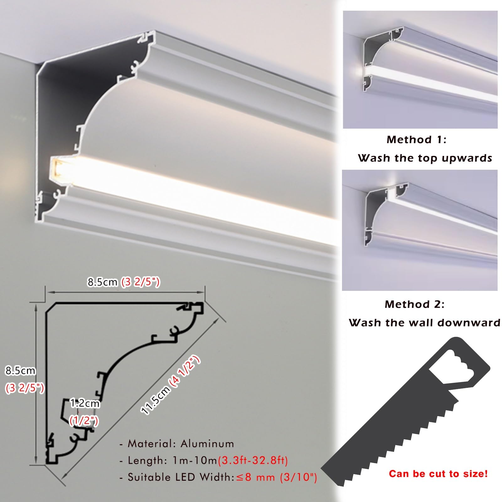 Strisce luminose a LED per soffitto soggiorno, profilo in alluminio canale LED con connettore angolare, lampada libera per soffitto luminoso - senza luci a LED, canale interno lineare (8,5 cm (3 2/5
