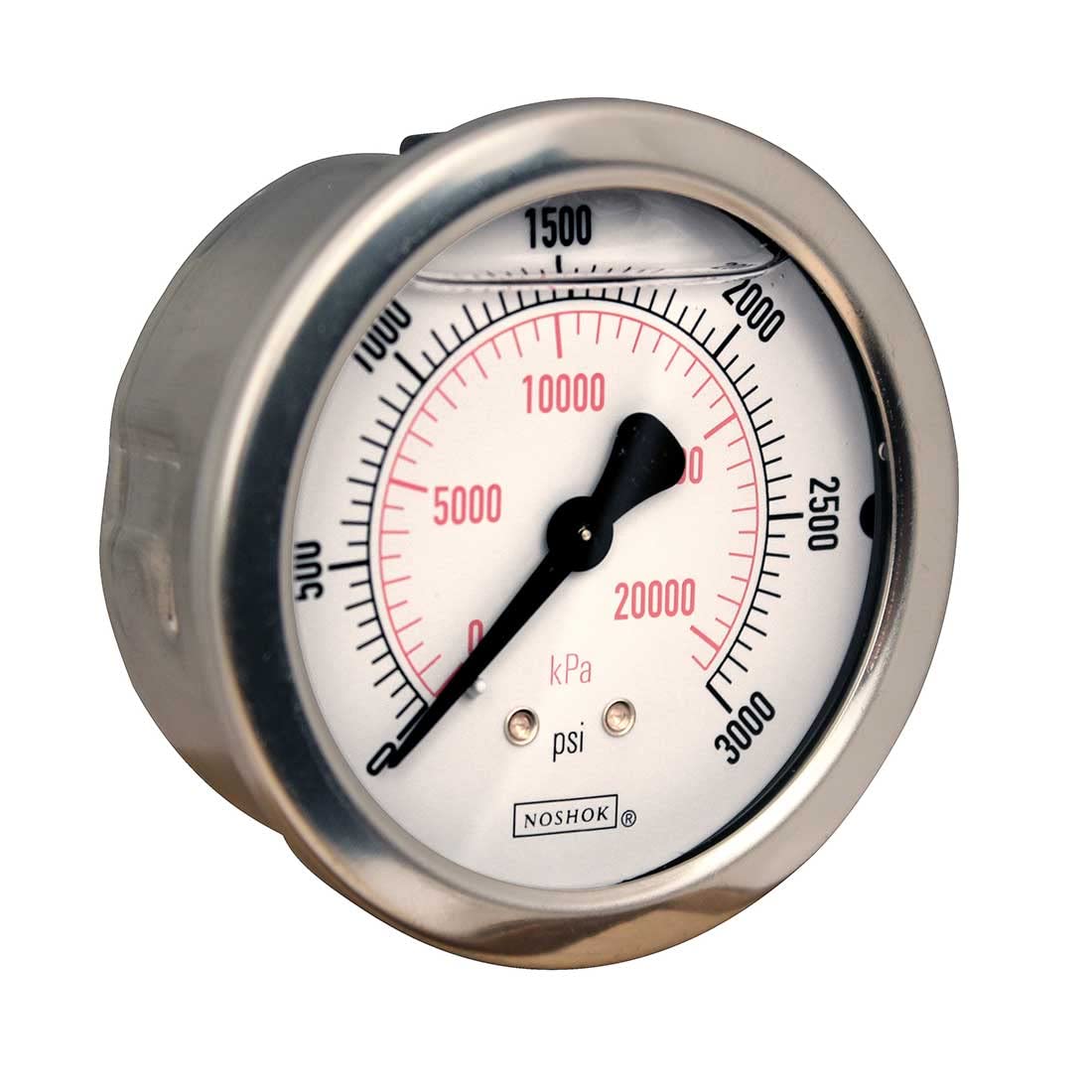 Pressure Gauge, 2.5" 304SS Case, Copper Alloy Internals, 3000 psi/kPa, 1/4 NPT Male Back Conn, Glycerin Filled