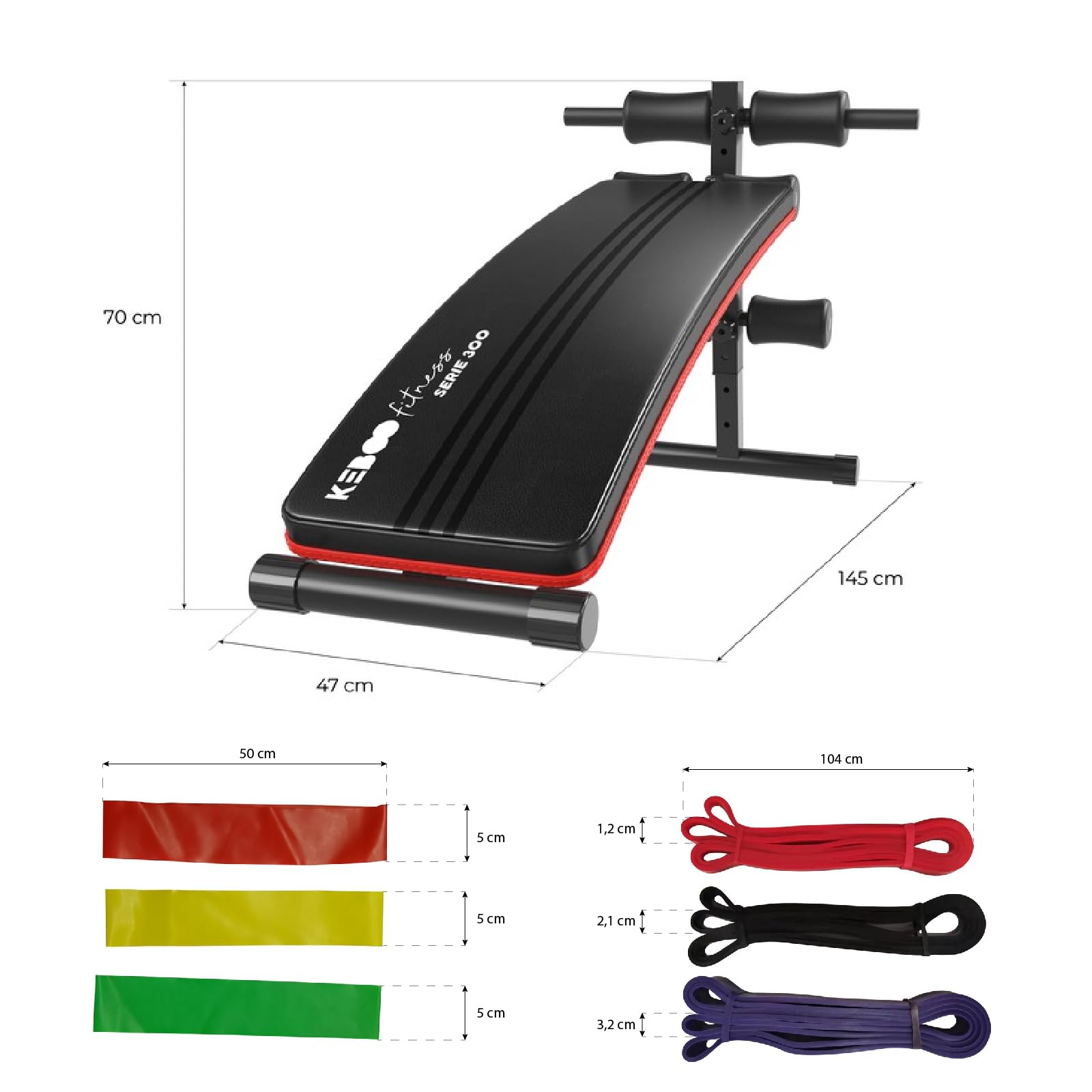 Keboo Pack Banco de Musculación Fitness Serie 300 145x47x70 cm y 6 Bandas Elásticas para Diferentes Niveles de Entrenamiento