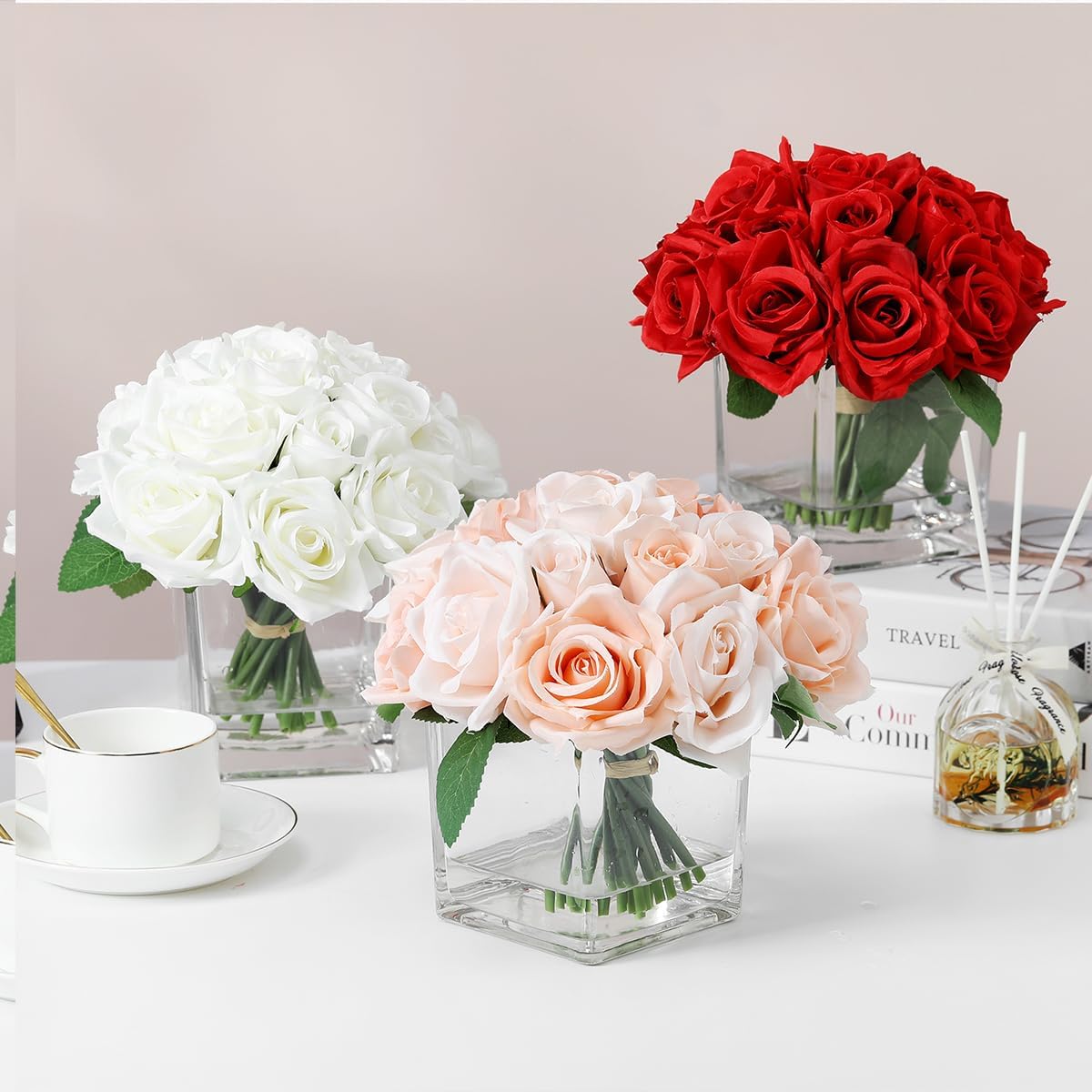 18 Heads Rose Faux Flowers in Vase, Aritificail Rose Floral Arrangement with Vase for Dining Table, Bedroom, Wedding Decor (Champagne) - Image 7