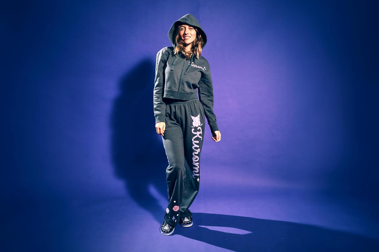 Bioworld Kuromi Hearts & Bows Women's 2-Pack Charcoal Long Sleeve Crop Hoodie & Joggers Combo Set - Image 6