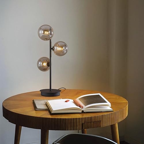 Miniatura 8 de Lámpara de mesa moderna de mediados de siglo Lámpara de escritorio de globo de vidrio gris ahumado Lámpara de mesa de noche vintage industrial Luz