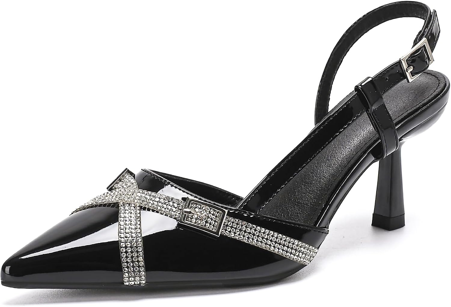 getmorebeauty Women's Slingback Kitten Heels Rhinestone Pumps Buckle Strap Closed Pointed Toe Wedding Party Dress Sandals Shoes Comfortable
