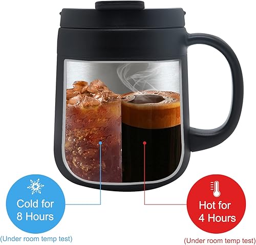 Miniatura 2 de Taza de café aislada de acero inoxidable de 11.2 fl oz con asa, vaso de acero inoxidable de doble pared con 2 tapas, color negro