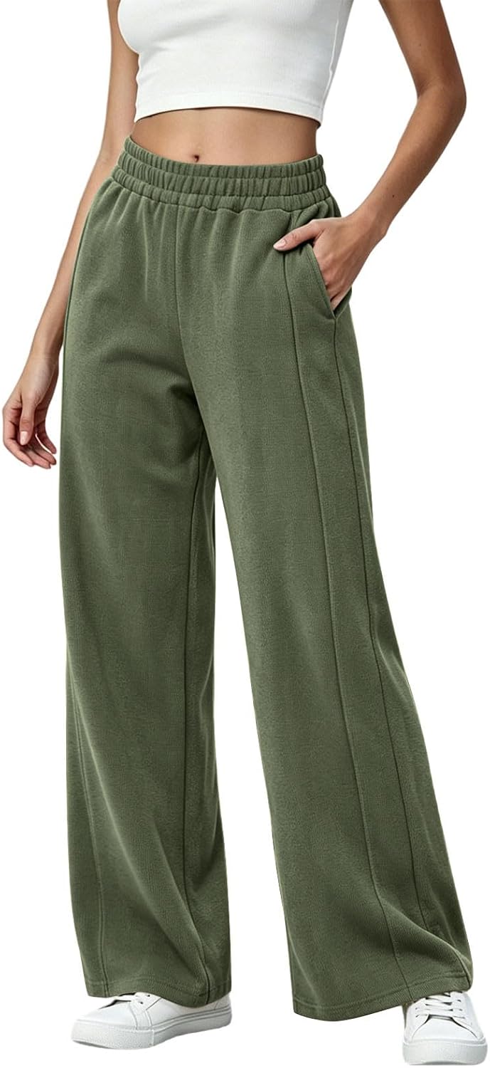 Womens Wide Leg Sweatpants High Waisted Pockets Lounge Pants | Women's Wide Leg Sweatpants High Waisted Pull On Lounge Pants With Side Pockets Front Seams For Travel Home And Casual Wear