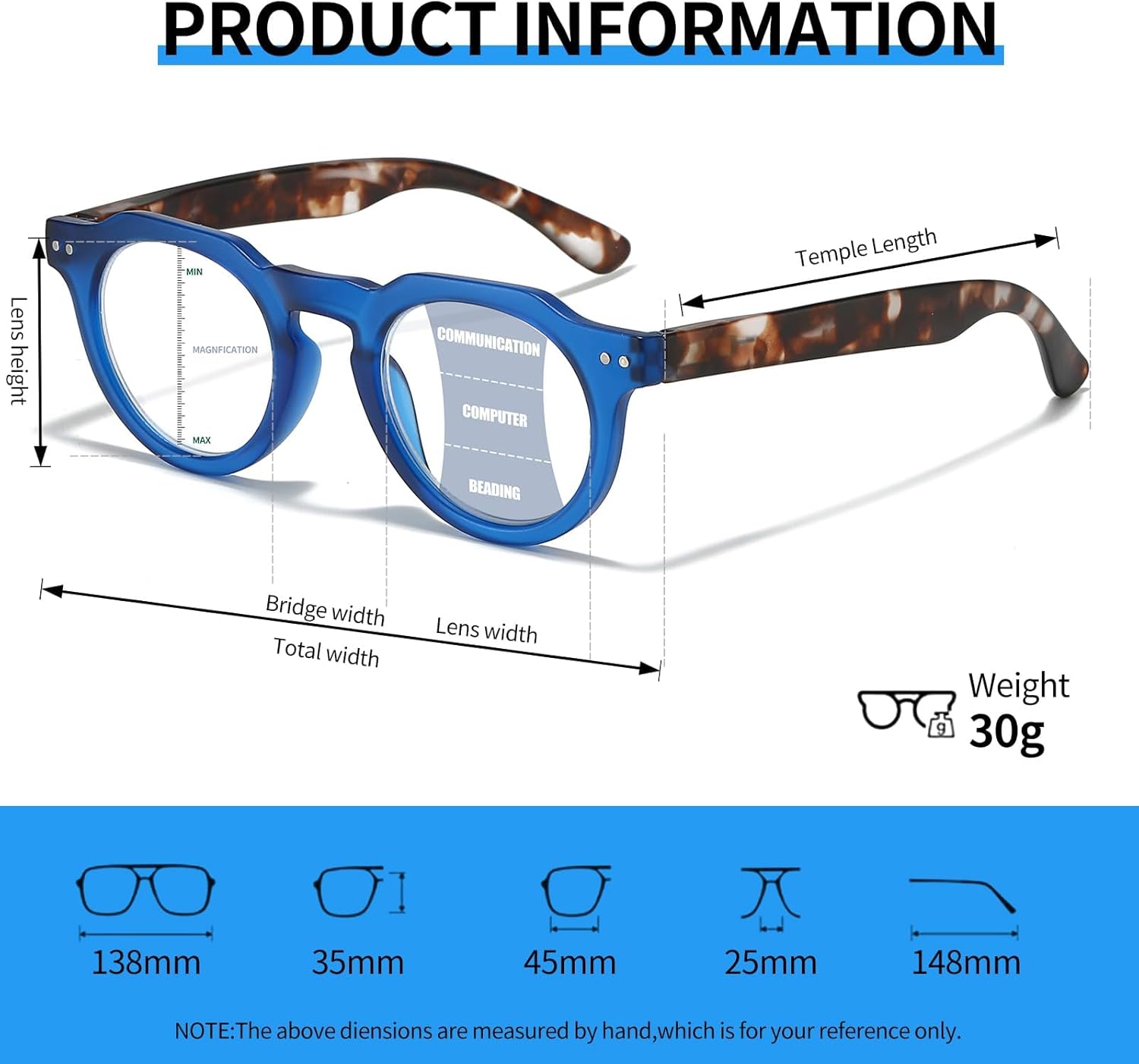 JOLLYNOVA HD7 Reading Glasses RT95, Round Blue Light Blocking Readers, Lightweight, Spring Hinge, UV Protection