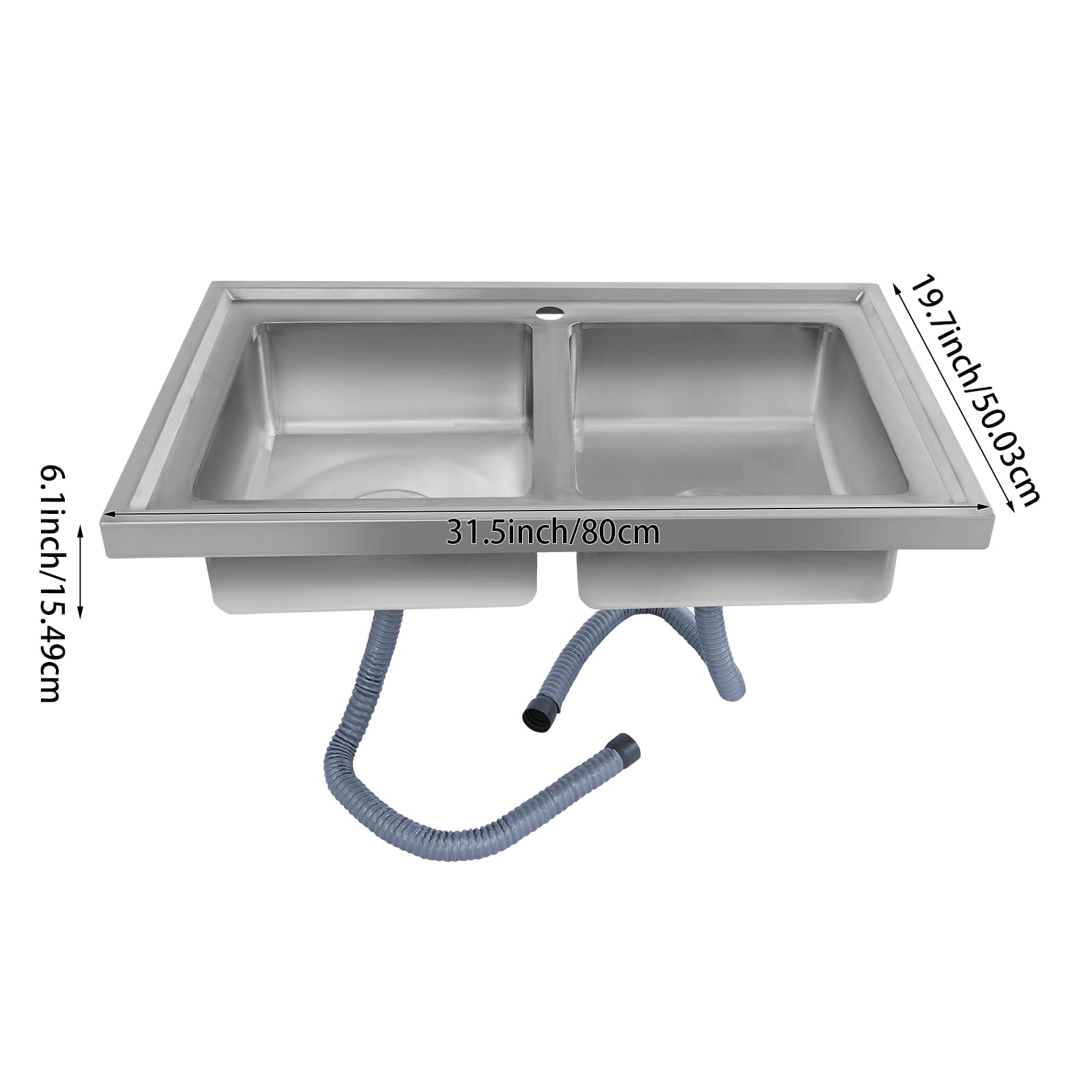 OUKANING Fregadero doble de acero inoxidable 201, 80 x 50 cm, doble fregadero de cocina con borde alto, empotrable con rebosadero, colador de desagüe, resistente a arañazos e inoxidable, para cocina